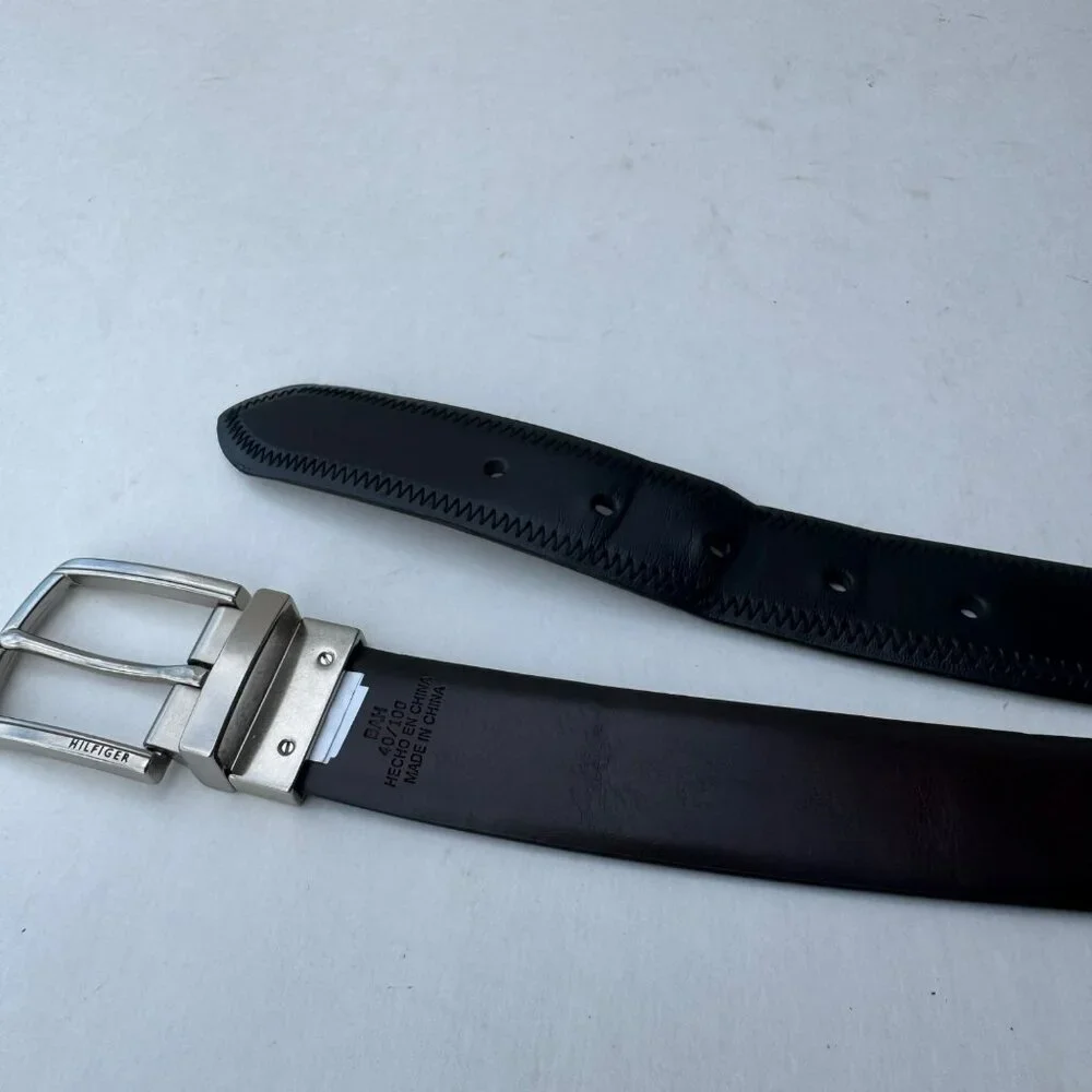 Tommy Hilfiger Black Leather Belt Silver Buckle Men Size‎ 40